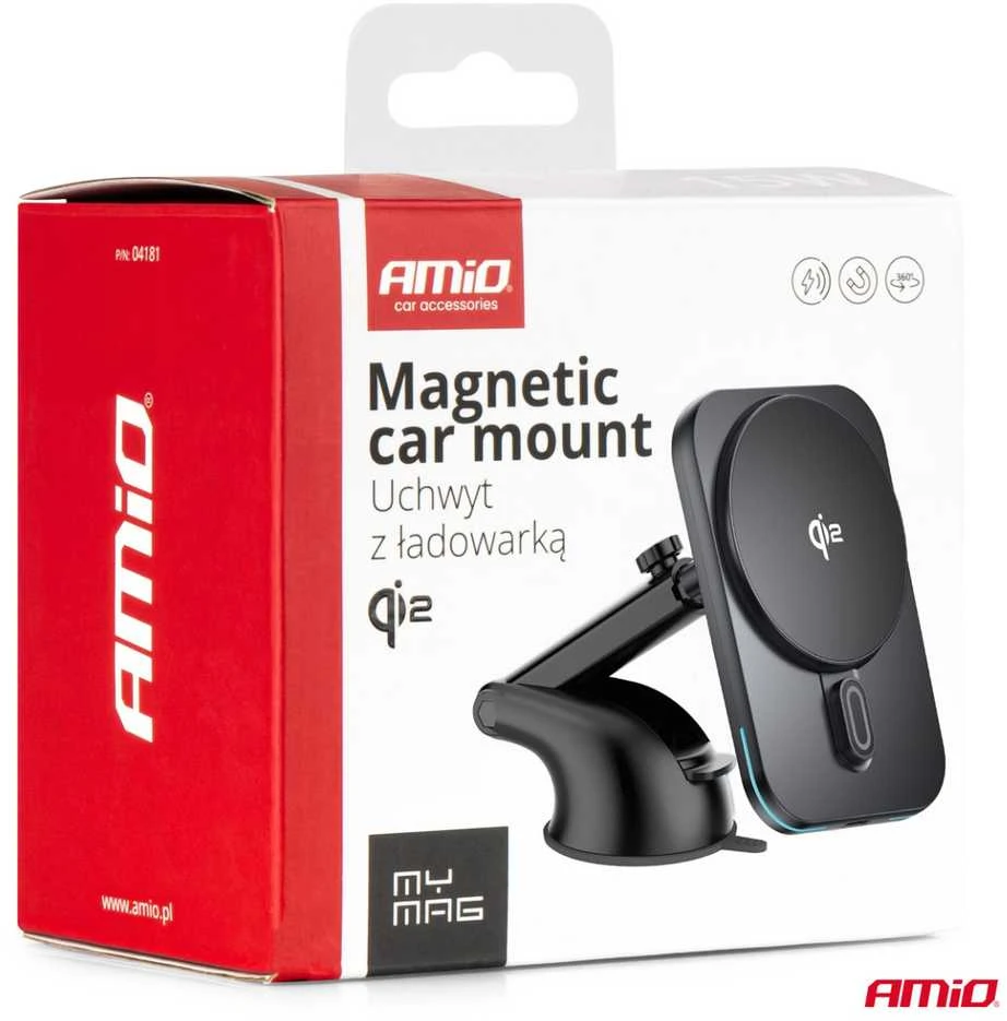 Magnetinis belaidis automobilinis įkroviklis Qi2 15W – prie lango/prietaisų skydelio AMIO-04181