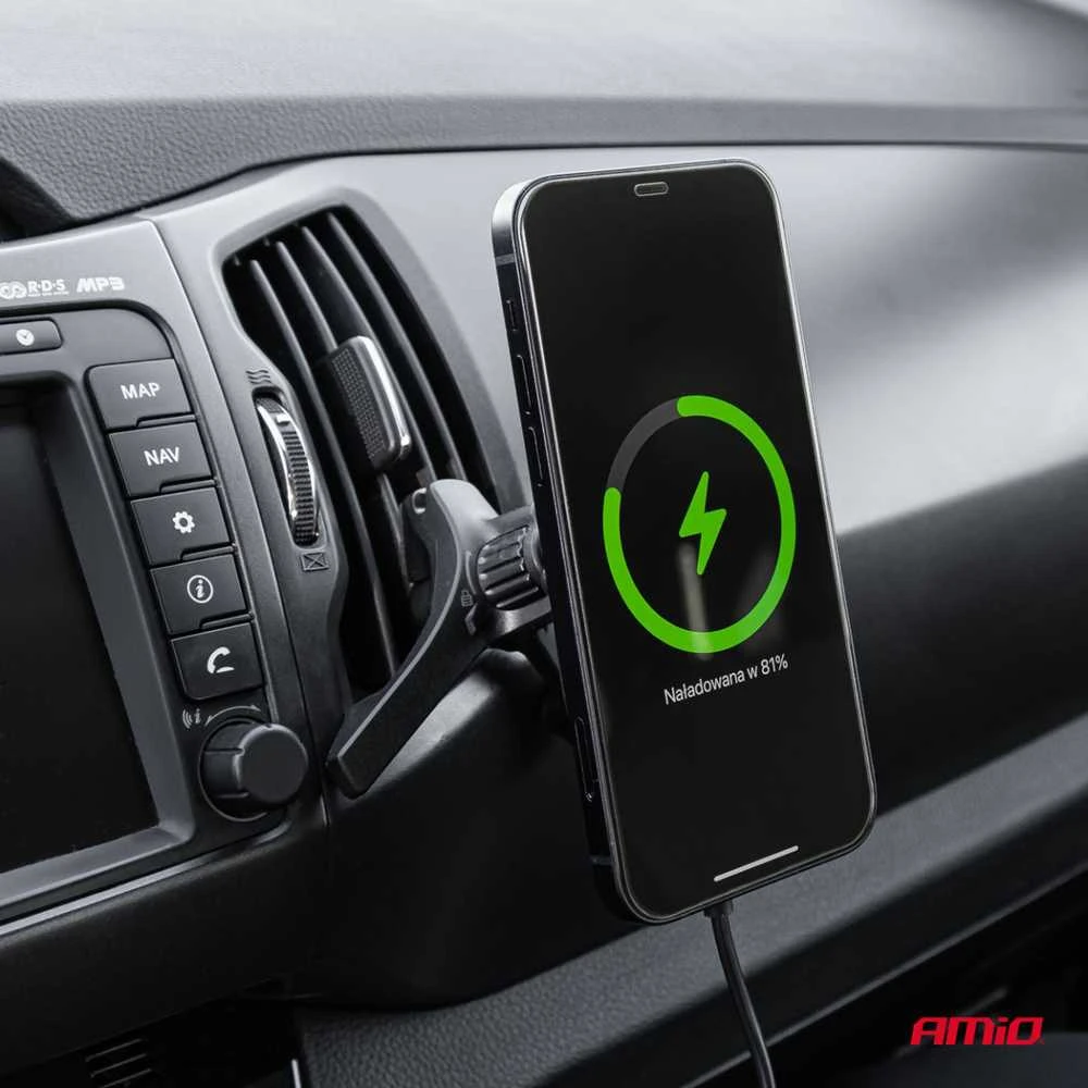 Magnetinis belaidis automobilinis įkroviklis Qi2 15W – prie ventiliacijos/prietaisų skydelio AMIO-04180
