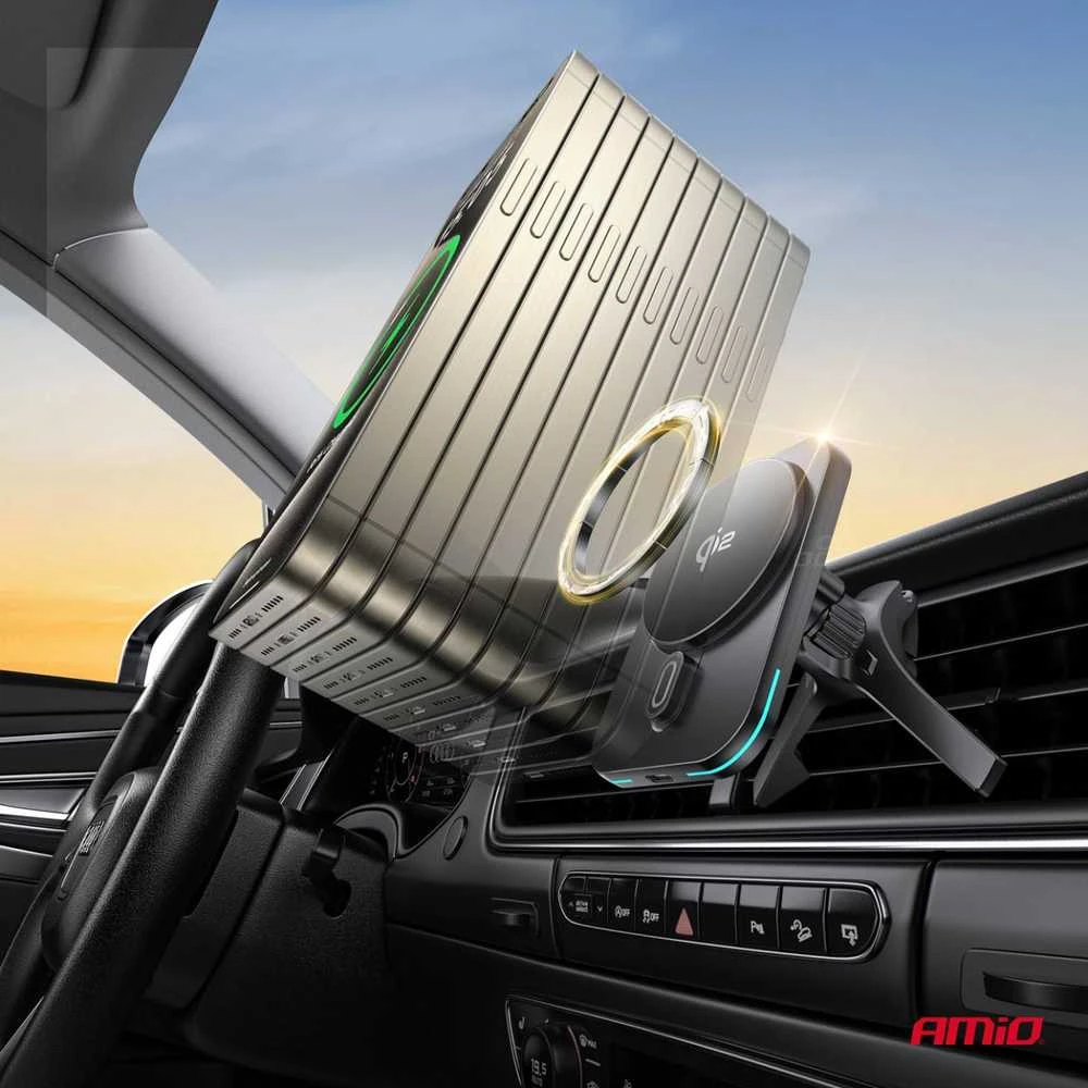 Magnetinis belaidis automobilinis įkroviklis Qi2 15W – prie ventiliacijos/prietaisų skydelio AMIO-04180
