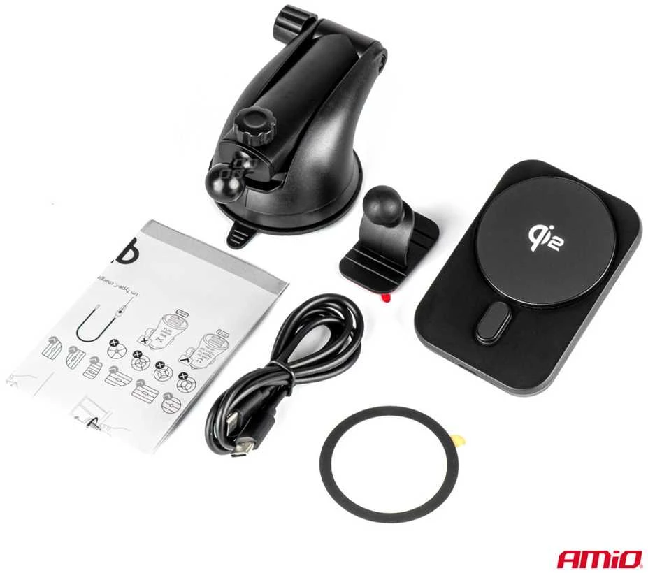 Magnetinis belaidis automobilinis įkroviklis Qi2 15W – prie lango/prietaisų skydelio AMIO-04181