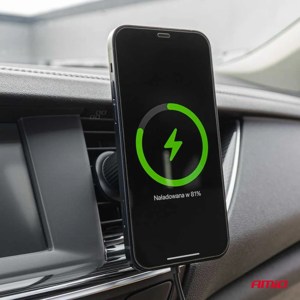 Magnetinis belaidis automobilinis įkroviklis Qi2 15W – prie ventiliacijos/prietaisų skydelio AMIO-04179