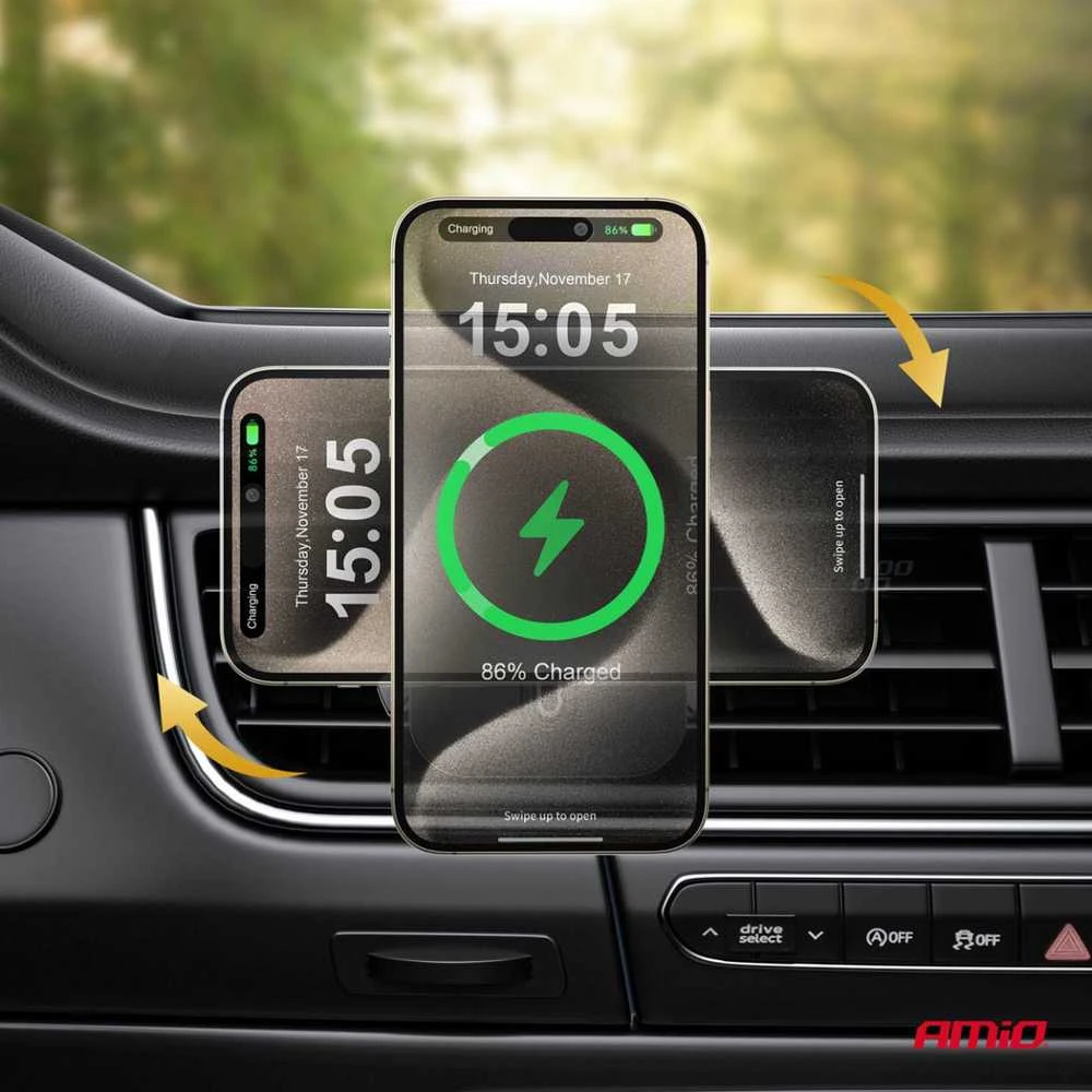 Magnetinis belaidis automobilinis įkroviklis Qi2 15W – prie lango/prietaisų skydelio AMIO-04181