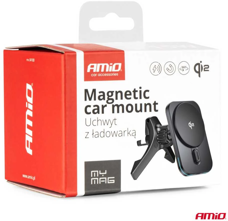 Magnetinis belaidis automobilinis įkroviklis Qi2 15W – prie ventiliacijos/prietaisų skydelio AMIO-04180
