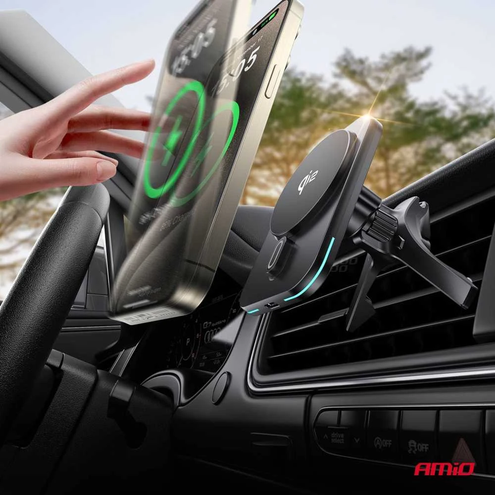 Magnetinis belaidis automobilinis įkroviklis Qi2 15W – prie ventiliacijos/prietaisų skydelio AMIO-04180