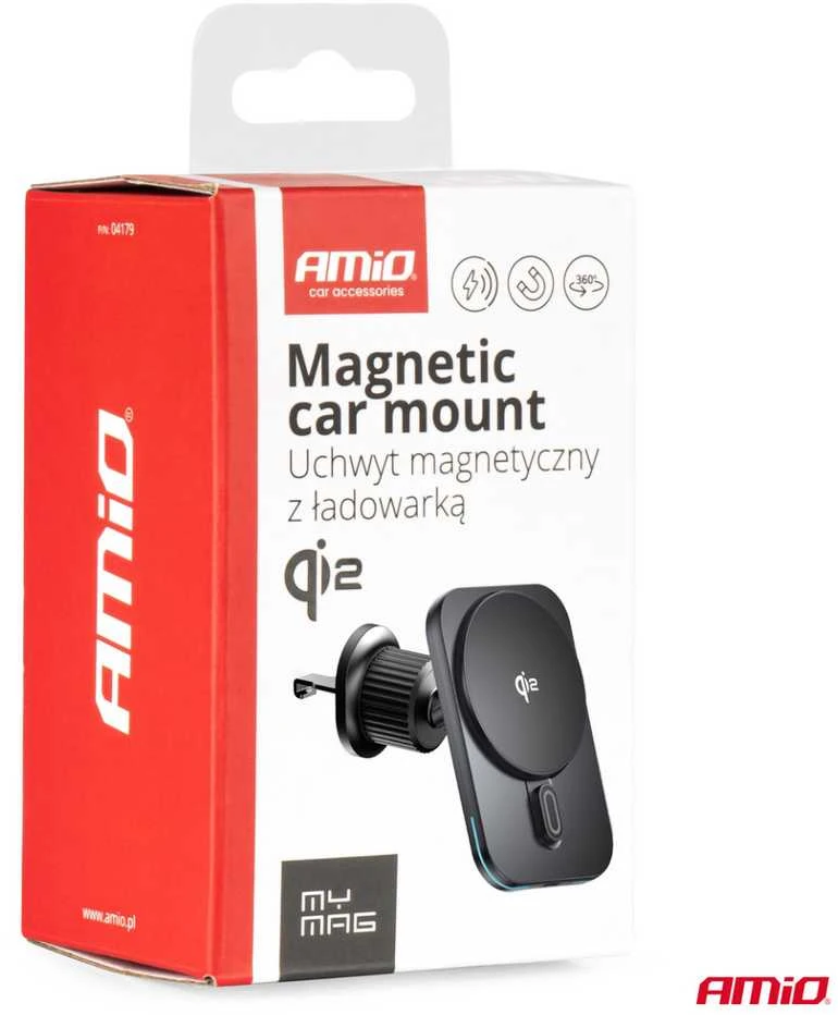 Magnetinis belaidis automobilinis įkroviklis Qi2 15W – prie ventiliacijos/prietaisų skydelio AMIO-04179