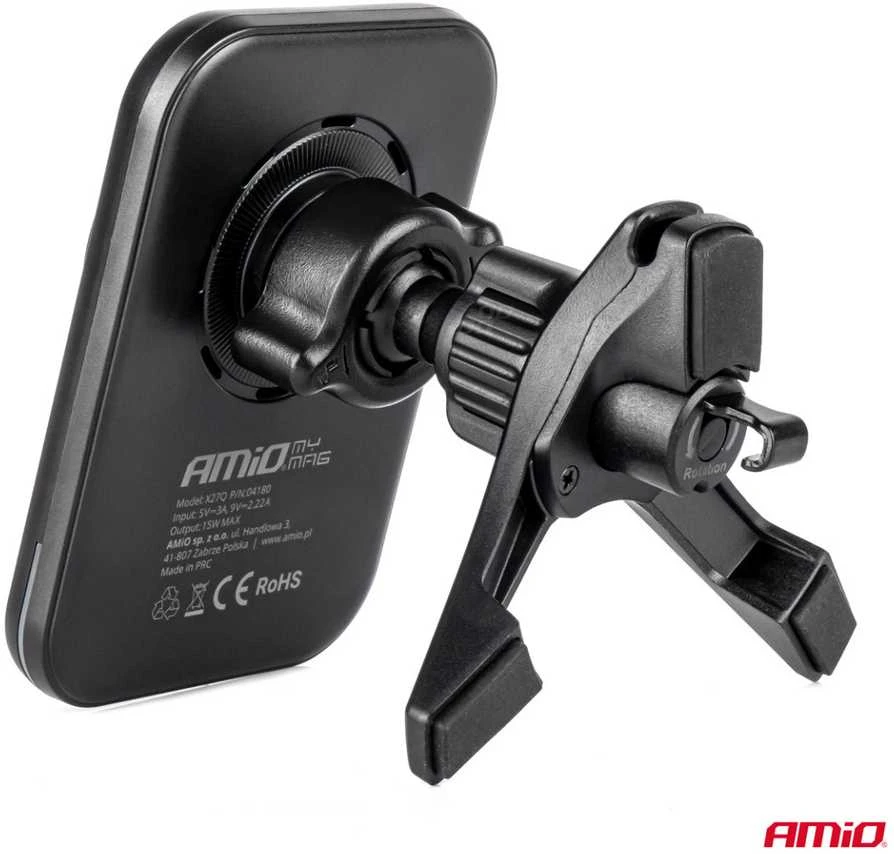 Magnetinis belaidis automobilinis įkroviklis Qi2 15W – prie ventiliacijos/prietaisų skydelio AMIO-04180