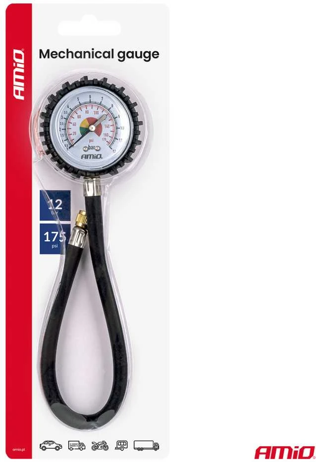 Mechaninis manometras su 30 cm žarna, 12 bar, AMIO-04468
