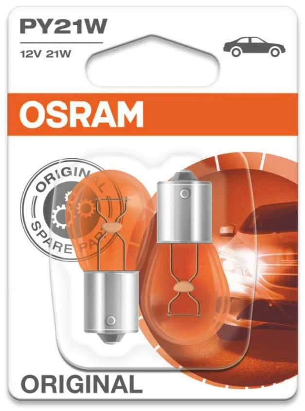 OSRAM PY21W geltonos lemputės pakuotėje