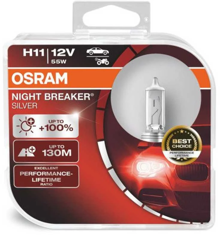 OSRAM Night Breaker Sidabrinis +100% PGJ19-2, Automobilinės lemputės, H11 55W 12V, 2 vnt