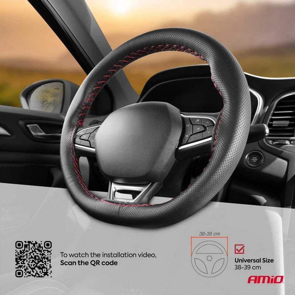 Amio Perforuotas vairo užvalkalas su adata ir siūlais 38–39 cm - juoda / raudonos siūlės