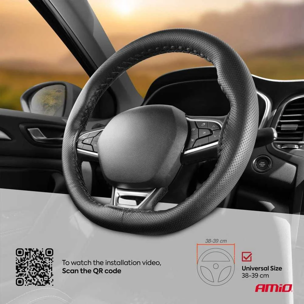 Amio Perforuotas vairo užvalkalas su adata ir siūlais 38–39 cm - juoda / juodos siūlės
