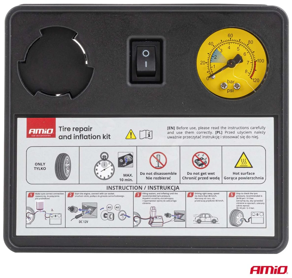 Padangų remonto komplektas su kompresoriumi 31 mm 12 V amio-04930