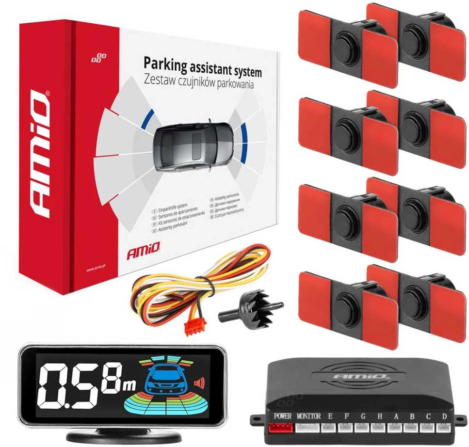 Parkavimo pagalbos sistema LED-GRAF 3D, 8 juodi jutikliai, vidinis montavimas 16,5 mm AMIO-03196