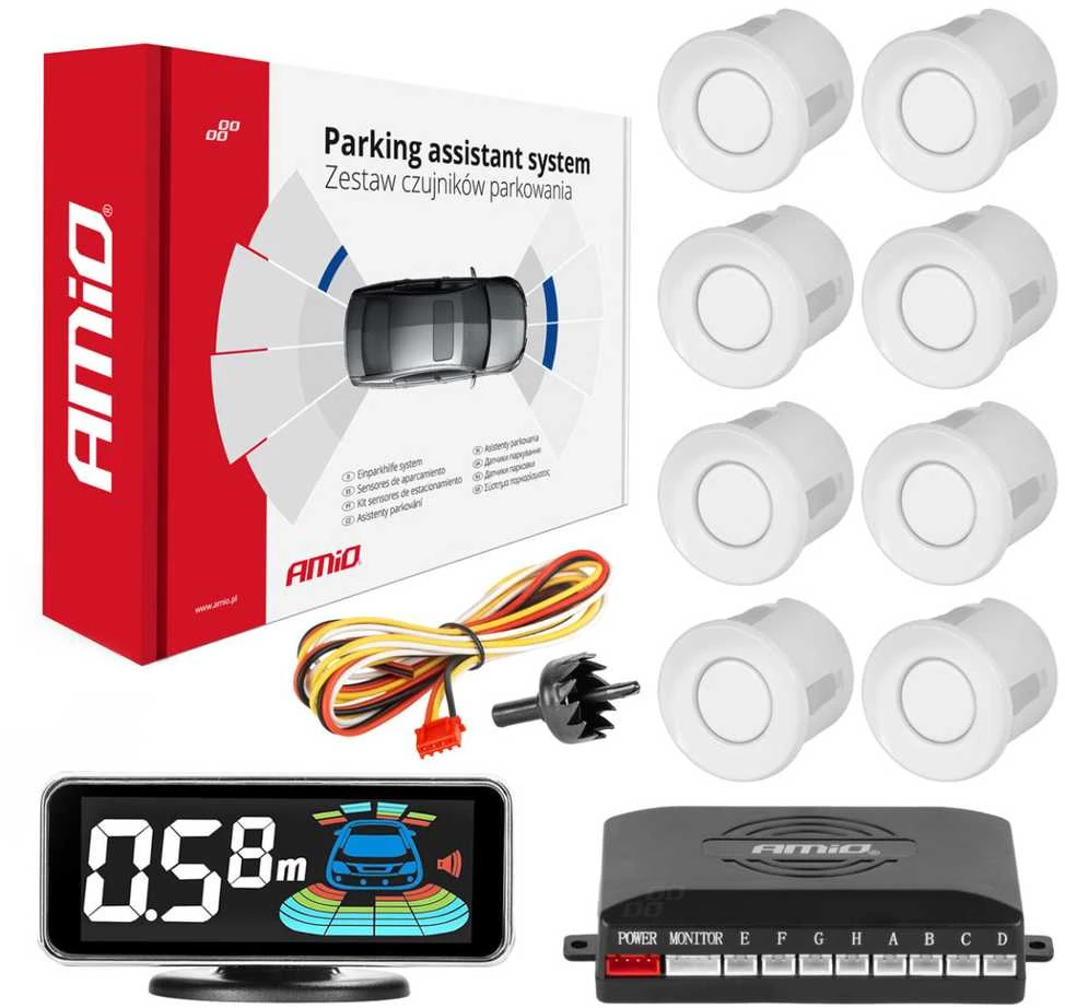 Parkavimo pagalbos sistema LED-GRAF 3D, 8 balti jutikliai 21,5 mm AMIO-03194