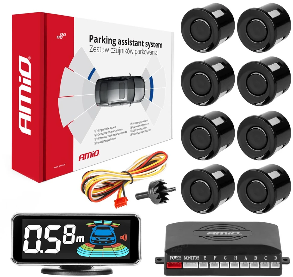 Parkavimo pagalbos sistema LED-GRAF 3D, 8 juodi jutikliai 21,5 mm AMIO-03191