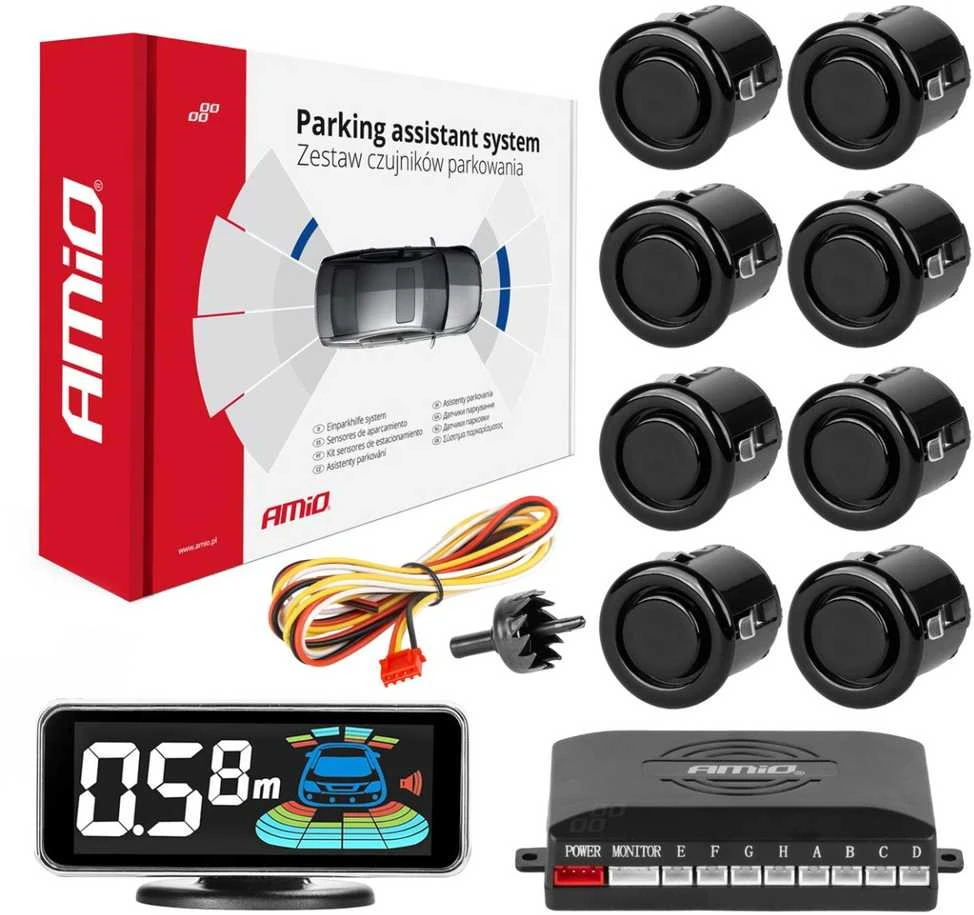 Parkavimo pagalbos sistema LED-GRAF 3D, 8 juodi spalvos jutikliai GOLD 18 mm AMIO-03192