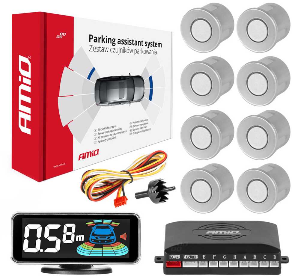 Parkavimo pagalbos sistema LED-GRAF 3D, 8 sidabro spalvos jutikliai 21,5 mm AMIO-03193