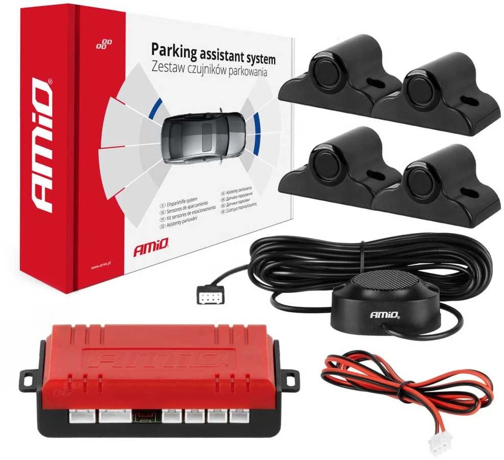 Parkavimo pagalbos sistema TRUCK/BUS, 4 juodi jutikliai su garsiniu signalu 19 mm AMIO-02278