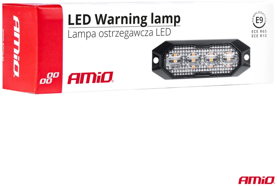 Plokščia LED įspėjamoji blykstės lempa, oranžinė, 4x3W, R65 R10, 12V/24V, IP6K9K AMIO-03929