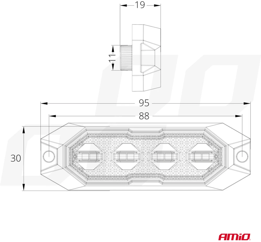 Plokščia LED įspėjamoji blykstės lempa, oranžinė, 4x3W, R65 R10, 12V/24V, IP6K9K AMIO-03929