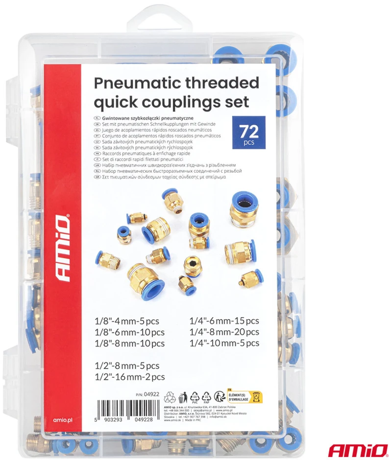 Pneumatinių srieginių greitųjų jungčių rinkinys, 4–16 mm, 72 vnt., AMIO-04922