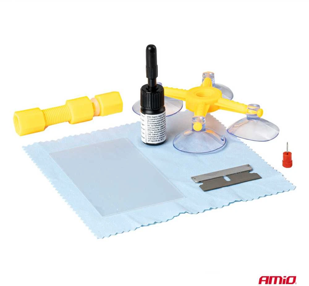 Priekinio stiklo taisymo rinkinys su aplikatoriumi ir siurbtuku DIY AMIO-04792