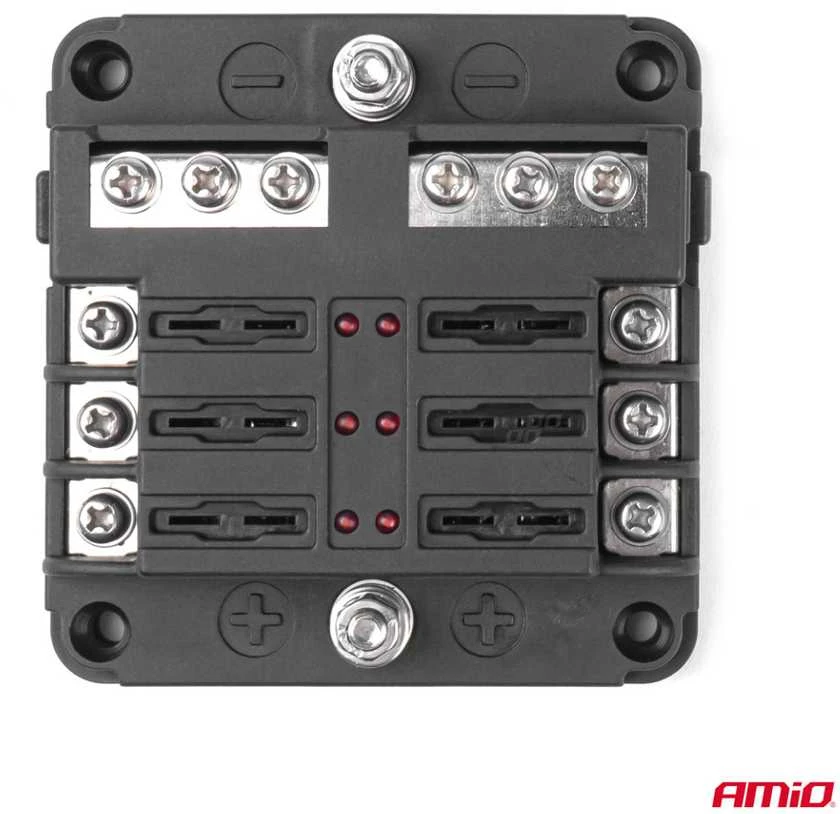 Saugiklių dėžutė, 6 lizdų su LED ir minuso jungtimi AMIO-03038