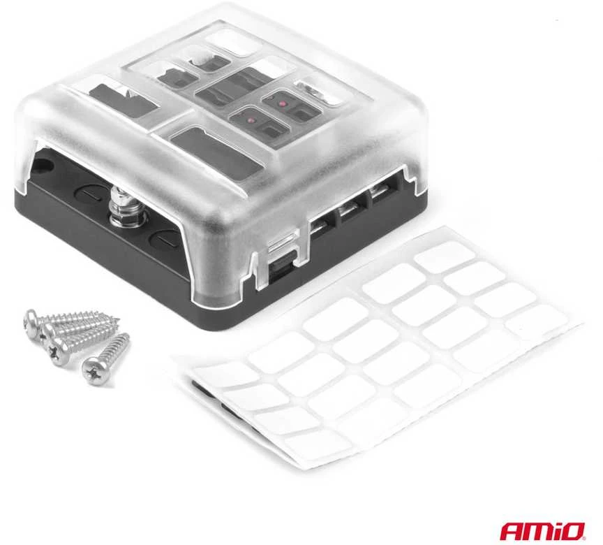 Saugiklių dėžutė, 6 lizdų su LED ir minuso jungtimi AMIO-03038
