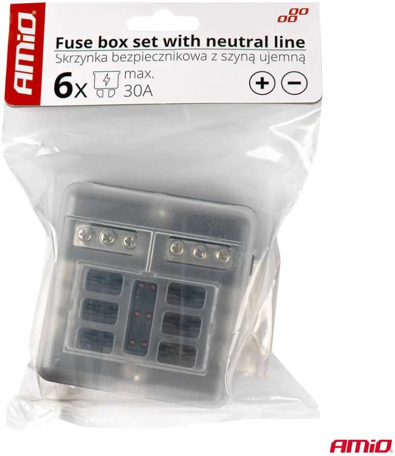 Saugiklių dėžutė, 6 lizdų su LED ir minuso jungtimi AMIO-03038