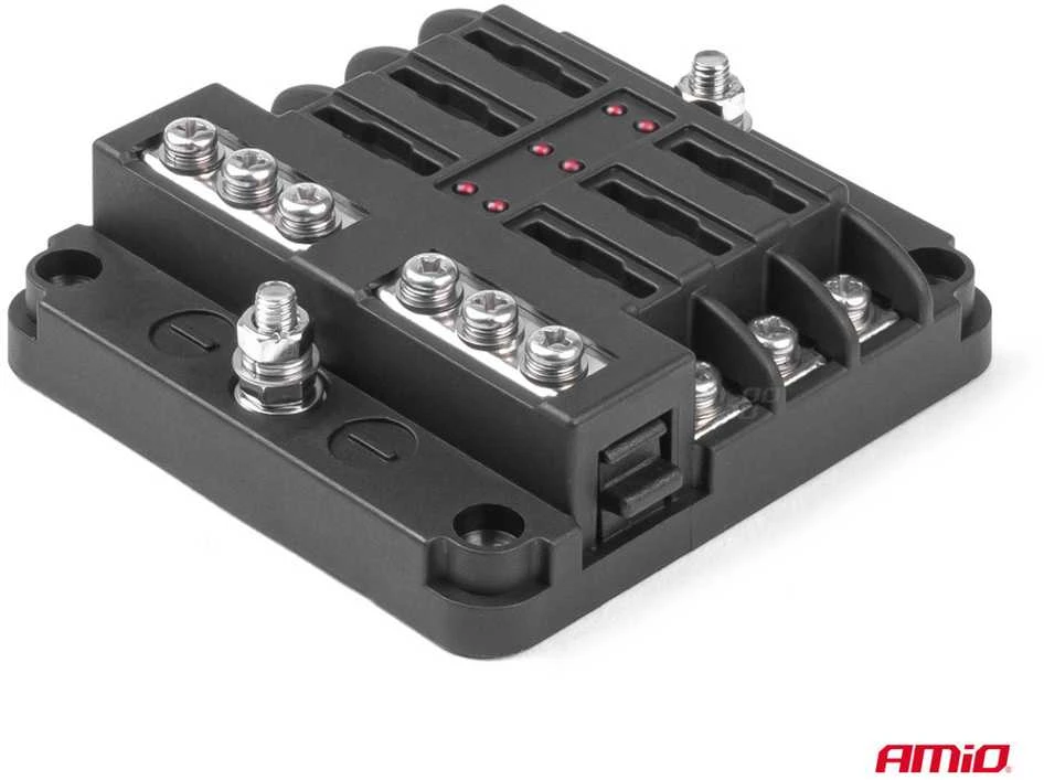 Saugiklių dėžutė, 6 lizdų su LED ir minuso jungtimi AMIO-03038