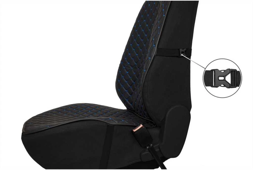 Sėdynės užvalkalas EVAtech ECO PRO, 1 vnt. - juoda / juodi kraštai / mėlynos siūlės