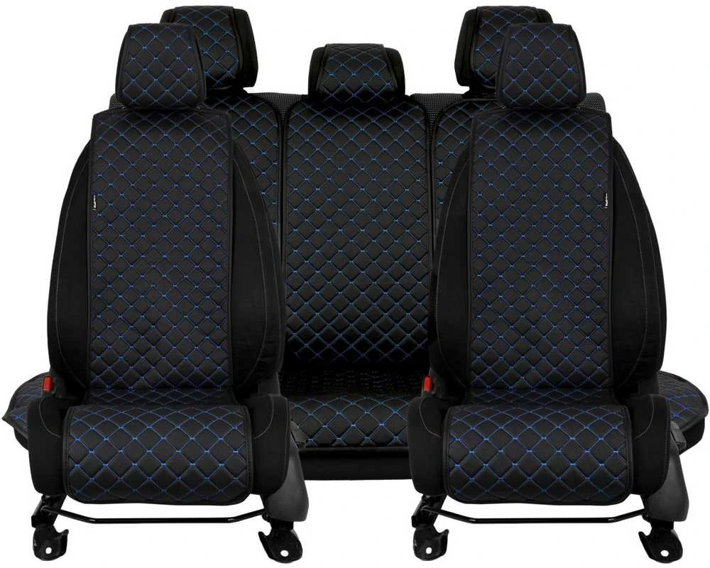 Sėdynės užvalkalų komplektas EVAtech ECO Basic, 3 vnt. - juoda / juodi kraštai / mėlynos siūlės