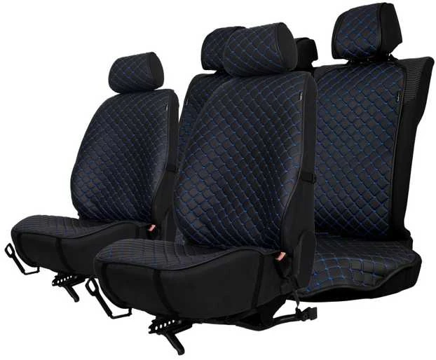 Sėdynės užvalkalų komplektas EVAtech ECO PRO, 3 vnt. - juoda / juodi kraštai / mėlynos siūlės