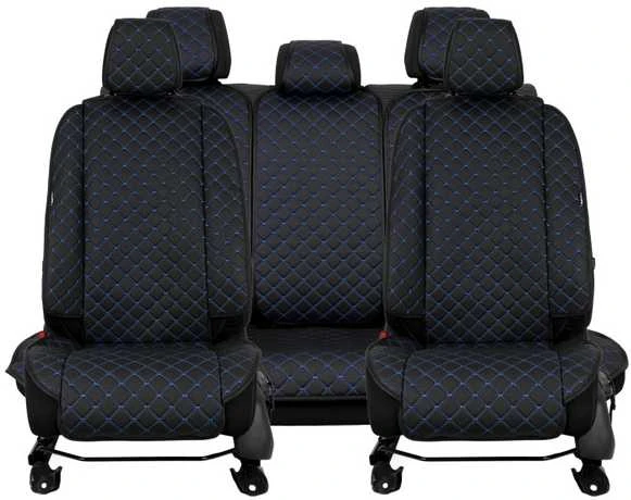 Sėdynės užvalkalų komplektas EVAtech ECO Max, 3 vnt. - juoda / juodi kraštai / mėlynos siūlės