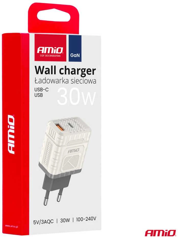 Sieninis įkroviklis Quick Charge GaN 30W USB-A + USB-C AMIO-04286