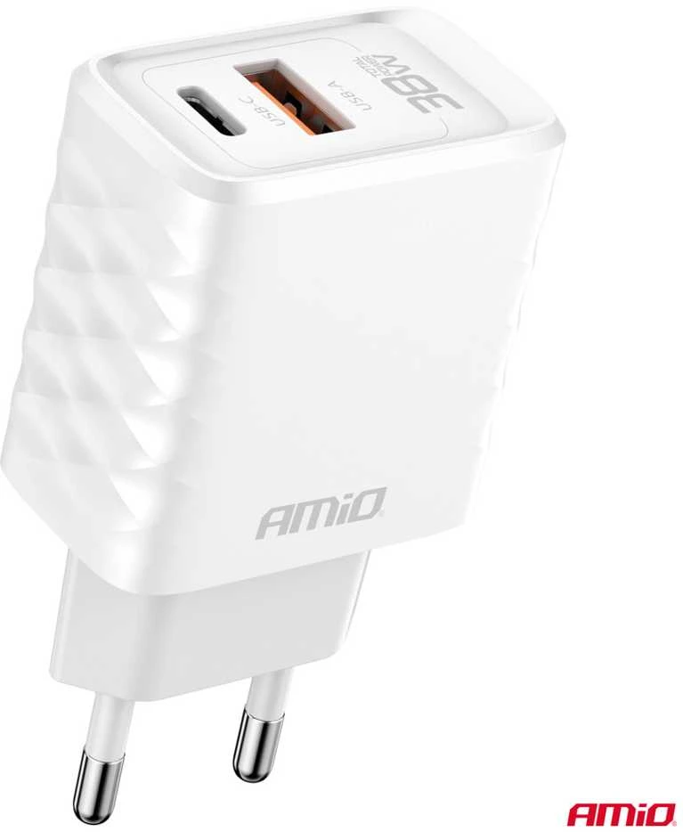 Sieninis įkroviklis Quick Charge GaN 38W USB-A + USB-C AMIO-04287