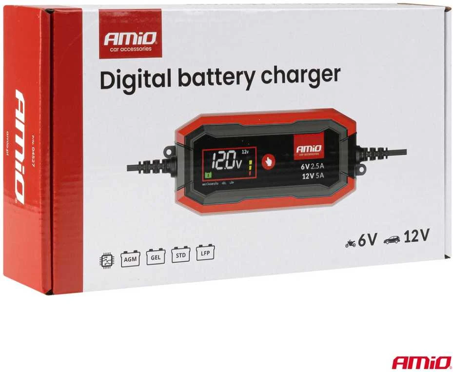 Skaitmeninis akumuliatoriaus įkroviklis AGM/GEL/STD/LiFePO4 5A 6/12V PRO AMIO-04527