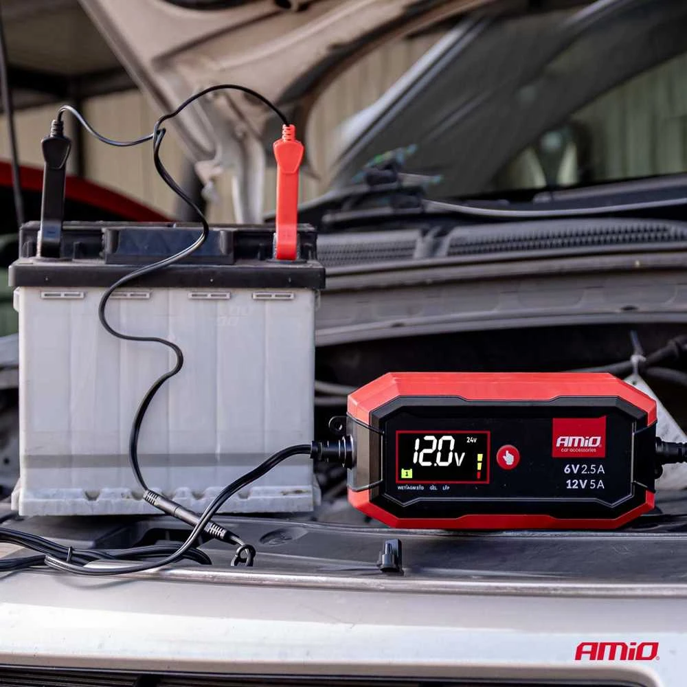 AMIO akumuliatoriaus įkroviklis su LCD ekranu prijungtas prie automobilio