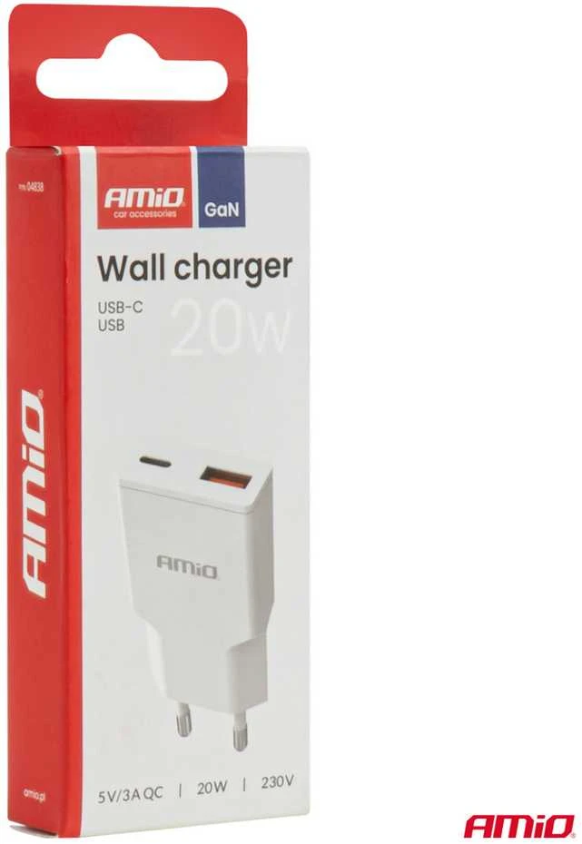 Tinklo įkroviklis 230V 20W GaN USB-C USB-A AMIO-04838