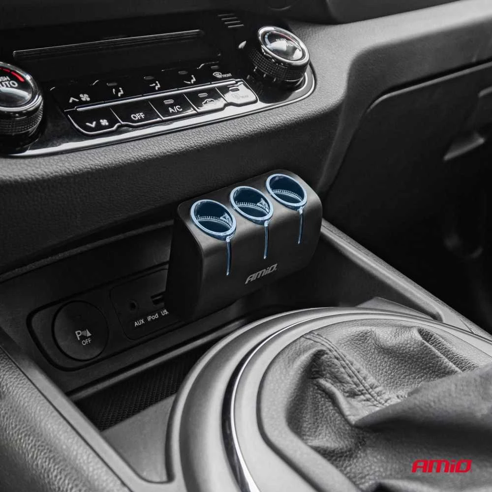 Trijų lizdų cigarečių uždegiklio prailgintojas 12/24V 120W 90° AMIO-04358