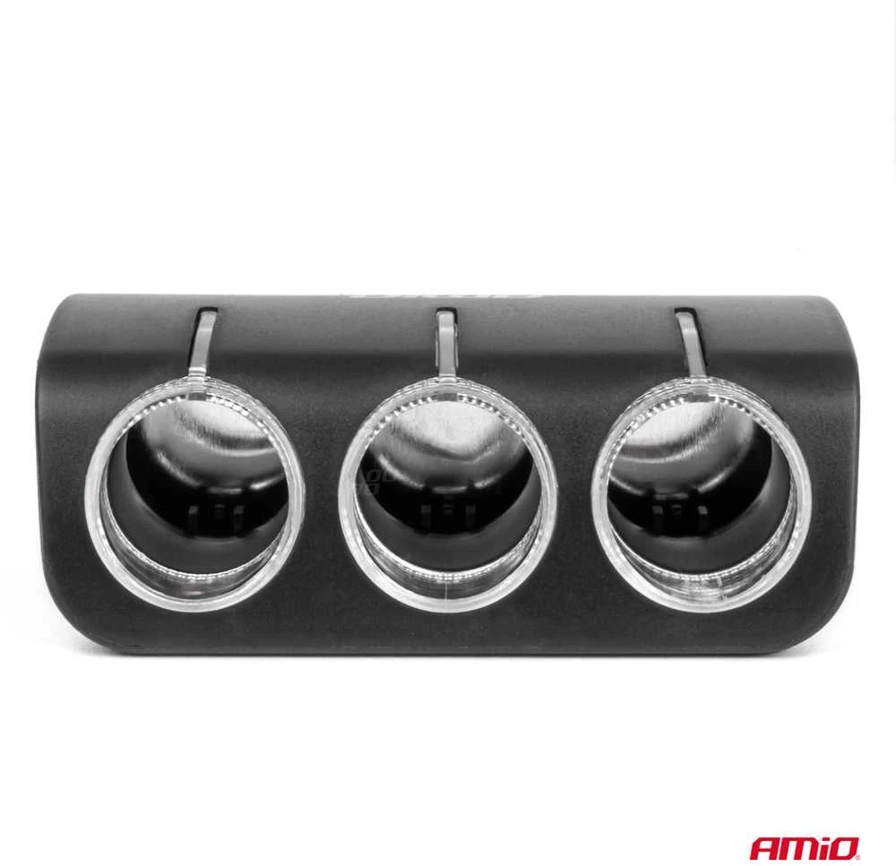 Trijų lizdų cigarečių uždegiklio prailgintojas 12/24V 120W 90° AMIO-04358