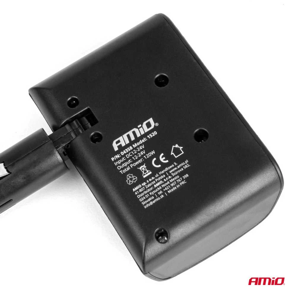 Trijų lizdų cigarečių uždegiklio prailgintojas 12/24V 120W 90° AMIO-04358