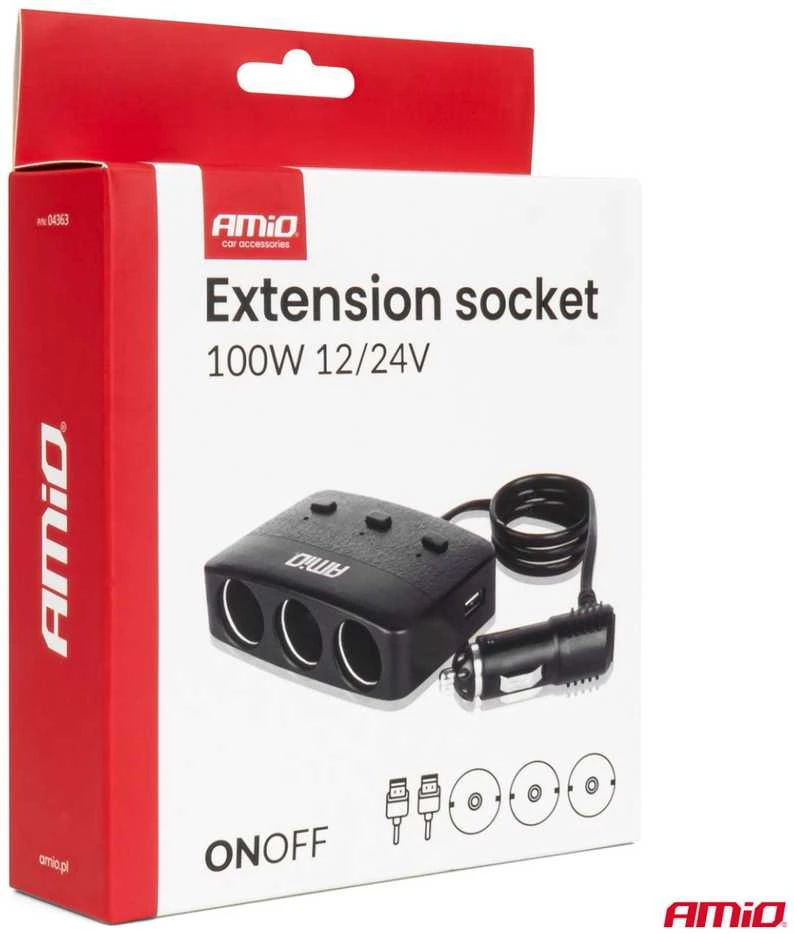 Trijų lizdų prailgintojas su įkrovikliu, ON/OFF mygtuku ir LED indikatoriumi 2x USB-A 12/24V 100W 70 cm AMIO-04363