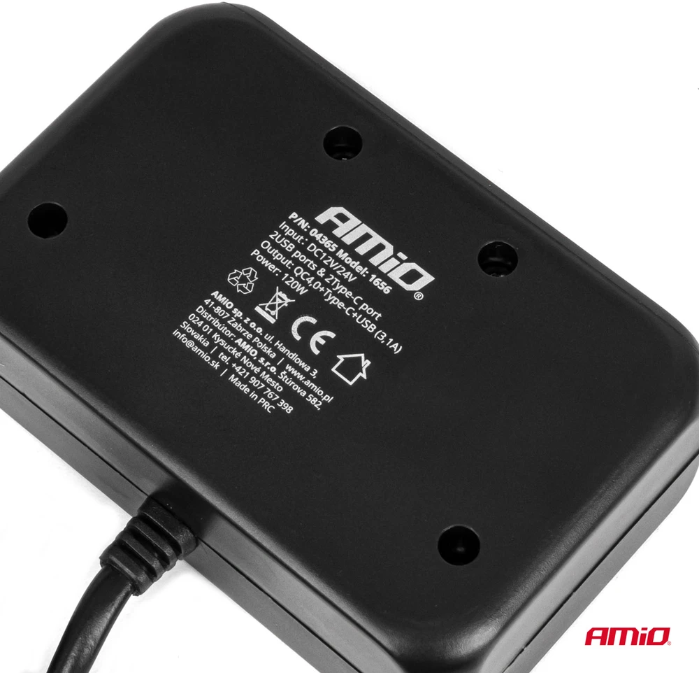 Trijų lizdų prailgintojas su įkrovikliu 1x USB-A + 1x USB-C QC 4.0 12/24V 120W 80 cm AMIO-04365