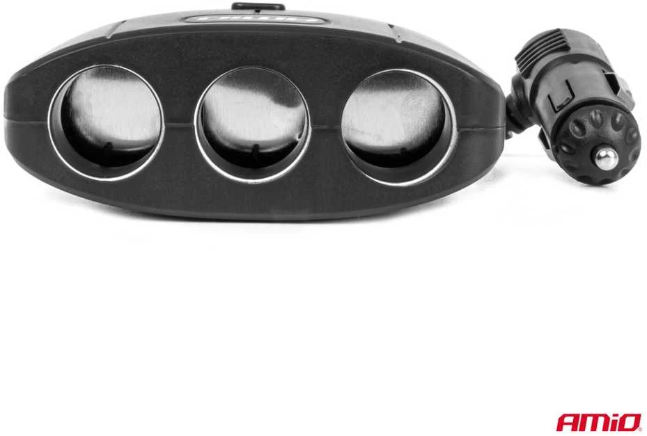 Trijų lizdų prailgintojas su įkrovikliu ir ON/OFF mygtuku 2x USB-A 12/24V 100W 70 cm AMIO-04362