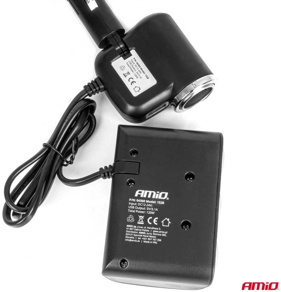 Trijų lizdų prailgintojas su įkrovikliu 1x USB-A + 1x cigarečių uždegiklis 12/24V 120W 80 cm AMIO-04360