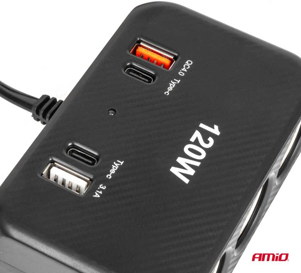Trijų lizdų prailgintojas su įkrovikliu ir skaitmeniniu ekranu 2x USB-A + 1x USB-C QC 4.0 12/24V 120W 80 cm AMIO-04366