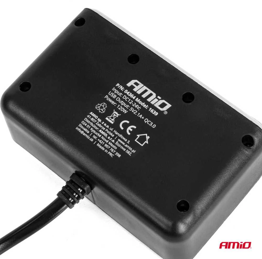 Trijų lizdų prailgintojas su įkrovikliu ir skaitmeniniu ekranu 2x USB-A QC 3.0 12/24V 120W 80 cm AMIO-04364