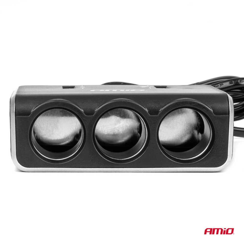 Trijų lizdų prailgintojas su įkrovikliu ir skaitmeniniu ekranu 2x USB-A QC 3.0 12/24V 120W 80 cm AMIO-04364
