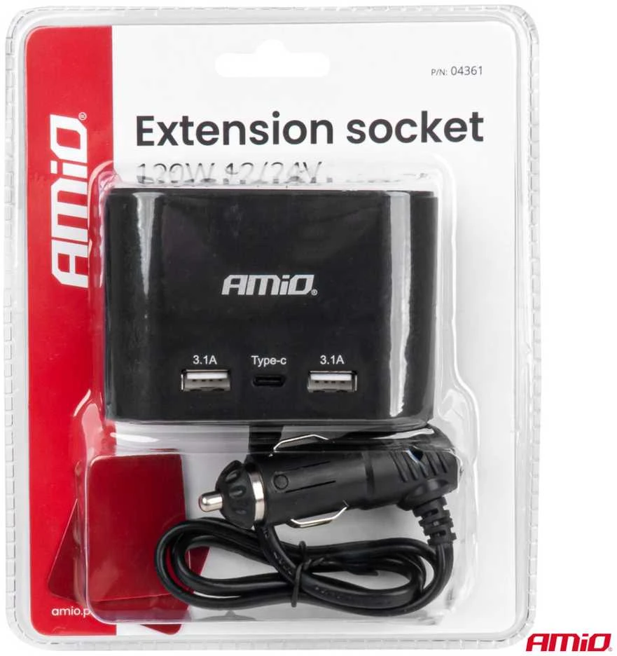 Trijų lizdų prailgintojas su įkrovikliu 2x USB-A + 1x USB-C 12/24V 120W 70 cm AMIO-04361